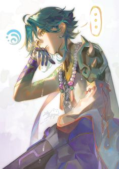 an anime character with green hair and piercings on her ear, holding a cell phone