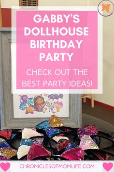 a birthday party with pink and purple bows on the table, text reads gaby's dollhouse birthday party check out the best party ideas