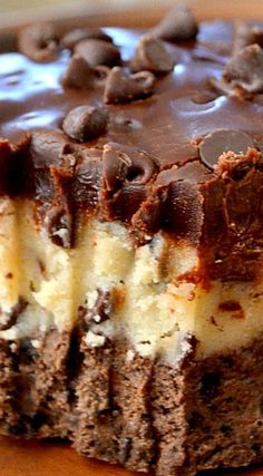 a piece of cake with chocolate chips on top