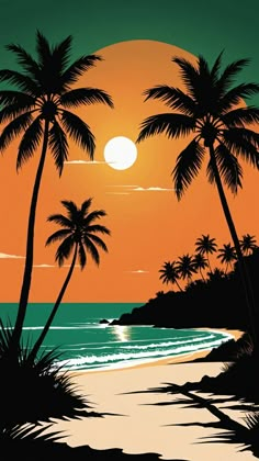 a painting of palm trees on the beach at sunset