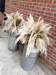 two metal buckets filled with dry grass next to a brick wall