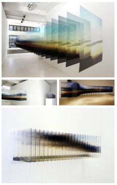 an art exhibit with multiple images and text that reads layered landscapes by japanese artist nobuna naishi