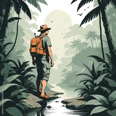 a man with a backpack is walking in the jungle by water and palm trees, while birds fly overhead