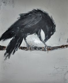 a painting of a black bird perched on a branch