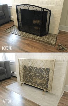 before and after pictures of a fireplace screen in a living room with hard wood flooring