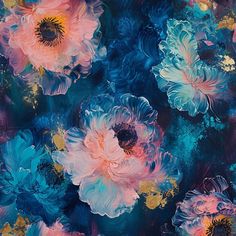 an abstract painting of blue, pink and yellow flowers on a black background with gold accents