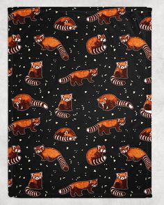 a black background with red and white raccoons on it