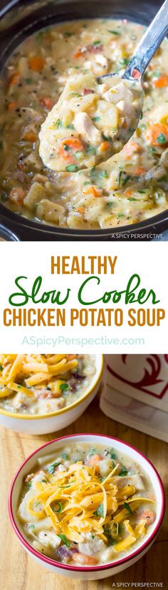 healthy slow cooker chicken potato soup in a red and white bowl with a spoon