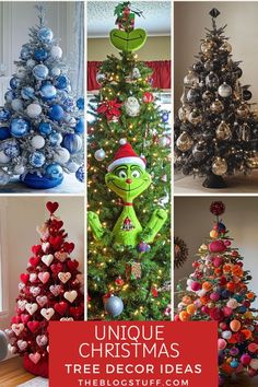 christmas tree decorating ideas with the words unique christmas tree decorations on top and bottom