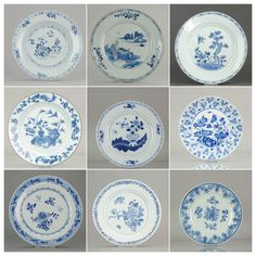 nine blue and white plates with designs on them