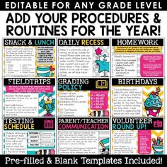 editable for any grade level add your procedure and routine for the year