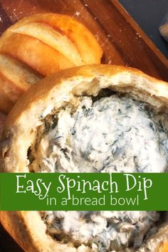 spinach dip in bread bowl with text overlay