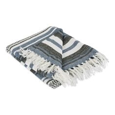 a blue and white striped blanket with fringes