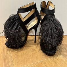 These Shoes Are Showstopping! Black Ostrich Feathers Line A Black Sheer Mesh Strappy Sandal With A Satin Finish And Suede Interior. Size 37 Feather Heels, Ostrich Feather, Ostrich Feathers, Jimmy Choo Shoes, Strappy Sandals, Satin Finish, Jimmy Choo, Shoes Women Heels, Feathers