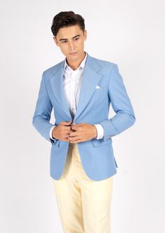 The Ellis Icy Blue Stretch Blazer is a fashionable and welcoming piece crafted from a soft powdery blue stretch fabric. This stylish custom made jacket provides a bright and clean look, sure to make a statement. Clean Look, Body Posture, Body Proportions, Icy Blue, Stretch Pants, Fabric Samples, Body Measurements, Get Fit, Stretch Fabric