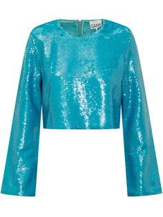 Crop blouse. Long sleeves. Zip back closure. Round neck.Composition: 100% Polyester | Ganni Women's Sequins Blouse in Blue Curacao | SS23 Jane Boolittle, Sequined Blouse, Sequins Blouse, Iridescent Black, Blue Curacao, Pleats Please Issey Miyake, Mohair Sweater, Crop Blouse, Blue Blouse