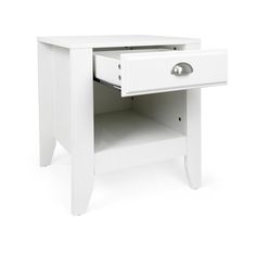 a white table with two drawers on one side and an open drawer on the other