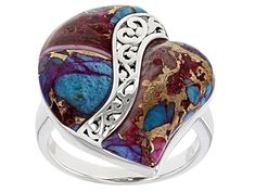 Southwest Style By JTV™ Blended Purple Spiny Oyster Shell & Turquoise Rhodium Over Silver Heart Ring. Measures approximately 0.80"L x 0.82"W. 0.09" shank. Silver Heart Ring, Jewelry Clasps, Southwest Style, Shop Jewelry, Spiny Oyster, Oyster Shell, Turquoise Gemstone, Blue Turquoise, Style Jewelry