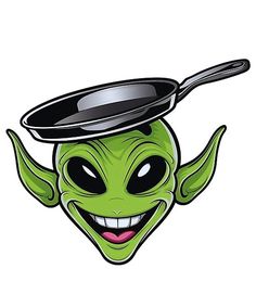 an alien with a frying pan on his head