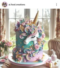 there is a unicorn cake on the table