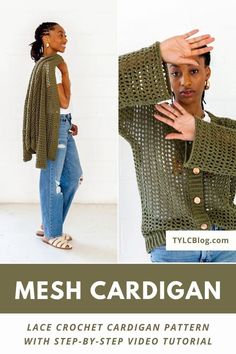 a woman wearing a green crochet cardigan and jeans with her hands on her head