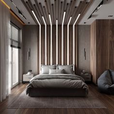 a large bed sitting in the middle of a bedroom next to a wooden wall and ceiling