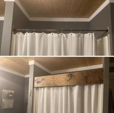 before and after shots of a bathroom with wood paneling on the ceiling, shower curtain pulled down