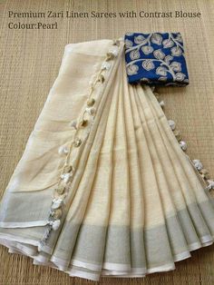 Linen with kalamkari  bp Saree Gonde New Design, Light Yellow Color, Cotton Saree Designs, Simple Sarees, White Saree, Kalamkari Saree, Linen Saree, Trendy Sarees, Saree Trends