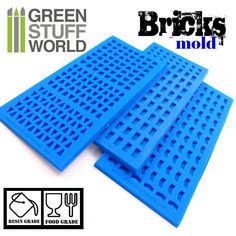 three blue plastic grates sitting next to each other on a white background with the words green stuff world