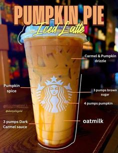 a pumpkin pie iced latte with information on the side and labeled parts in english