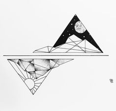 an artistic drawing of a triangle with the moon and stars above it