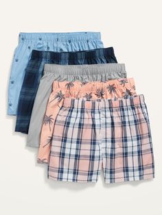 five pairs of boxer shorts with palm trees on the front and plaid, blue, pink, gray