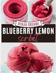 blueberry lemon sorbet recipe in a glass bowl with the text overlay