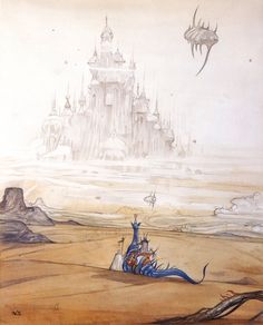 a drawing of a castle in the middle of a desert with a dragon flying over it