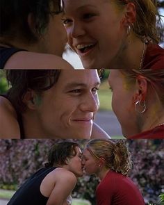 two people kissing each other in the middle of three different pictures, one is smiling and the other has her face painted