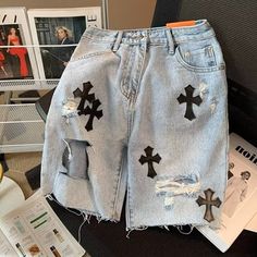 YUXING Summer Men Cross Hole Denim Shorts Casual Capris Washed Wide Leg 5 Points Shorts Jeans, Men's, Size:Blue Gender: male.  Age Group: adult. Men Jean Shorts, Cross Embroidery, Denim Decor, Y2k Pants, Ripped Denim Shorts, Boyfriend Denim, Bermuda Jeans, England Style, Button Hole