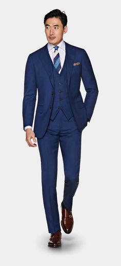 Wedding 3 Piece Suit, Mid Blue Suit, Blue Waistcoat, Waistcoat Designs, Men Waistcoat, Blue Suit Men, Double Breasted Waistcoat, Italian Suit, Navy Blue Suit