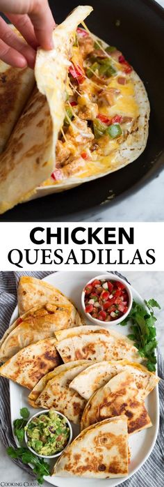 chicken quesadillas on a plate with salsa and guacamole