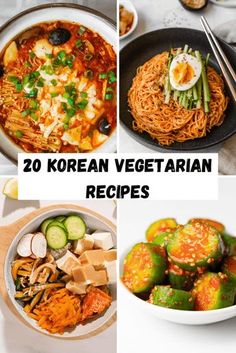 various korean vegetarian dishes with chopsticks, noodles, and cucumbers in them