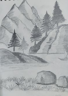 a pencil drawing of mountains and trees