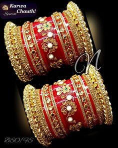 Give Yourself Charming Looks With Beautiful Red & Golden Chura Set. Center Piece Is Embellished With Glass Kundan Floral Shape Fitting. Stones & Kundan Beaded Bangles Are Placed In A Pleasing Manner. A Perfect Creation For Every Occasion. This is a set of 30 Bangles (15 For Each Hand). Red Bollywood Jewelry With Dori Work, Bollywood Style Red Jewelry With Dori Work, Embroidered Jewelry For Wedding And Festivals, Red Jewelry With Dori Work For Festive Occasions, Red Jewelry With Dori Work For Festive Season, Festive Red Jewelry With Dori Work, Embroidered Festive Jewelry For Parties, Red Dori Work Jewelry For Festivals, Bollywood Embroidered Jewelry For Party