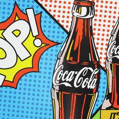 a painting of two soda bottles with pop art in the background