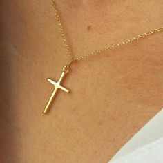 A nice, dainty 14k gold filled necklace with an eye catching plain cross. A dainty Christian necklace that protects the person wearing it. A nice gift for her Length approx. 15 inches / 38 cm - with 1.2 inch extension. ♥ All items will come in a nice gift box ♥ ★ Read our policies before purchase: https://www.etsy.com/shop/Jewellusion/policy/ ★ Convo me for custom orders or any questions you might have ♥ Visit our shop for more fabulous jewels: https://www.etsy.com/shop/Jewellusion/ μ ♥ Follow m Everyday Cross Charm Necklace With Clavicle Chain, Minimalist Gold Plated Cross Necklace, Simple Yellow Gold Cross Necklace, 14k Gold Filled Cross Pendant Necklace As Gift, 14k Gold Filled Cross Necklace Gift, Simple Gold Cross Pendant Necklace, 14k Gold Filled Cross Charm Necklace For Gift, 14k Gold Filled Cross Charm Necklace As Gift, Simple Gold Cross Necklace As A Gift