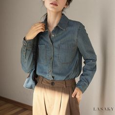 Lasaky - Vintage Blue Denim Shirt with Classic Shoulder Design and Stylish Inner Layering Long Sleeve Denim Blouse With Pockets, Spring Denim Blue Blouse With Pockets, Light Blue Shirt With Pockets For Fall, Everyday Denim Blue Tops For Fall, Fall Light Blue Shirt With Pockets, Collared Denim Blue Blouse With Pockets, Dark Wash Denim Tops With Pockets, Classic Dark Wash Denim Tops With Pockets, Trendy Denim Blue Blouse With Pockets