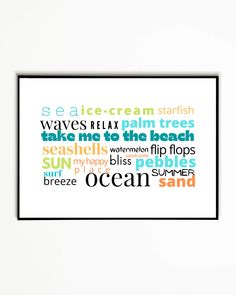 a framed poster with the words ice cream, waves and other things in different colors