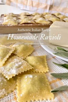 homemade ravioli with sage leaves on the side