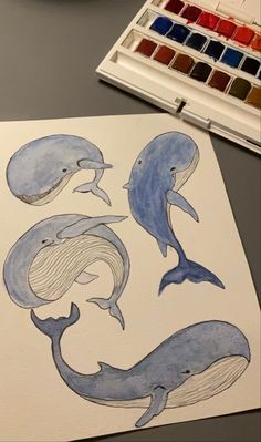 a drawing of three blue whale's with watercolors on the table next to it