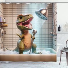 a dinosaur shower curtain in a bathroom with a bathtub full of soap and toothbrushes