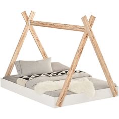 a bed frame with two wooden posts on top of it, and a white blanket underneath