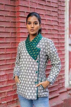 Grey Shawl Collar Work Wear Ikat Jacket | Work Wear | Ikat Print Ikat Jackets For Women, Cotton Blazer With Stand Collar For Work, Traditional Long Sleeve Workwear Outerwear, Traditional Cotton Outerwear For Work, Traditional Fitted Cotton Outerwear, Fitted Cotton Blazer With Stand Collar, Traditional Outerwear With Stand Collar For Work, Traditional Long Sleeve Nehru Jacket For Workwear, Traditional Fitted Outerwear For Work